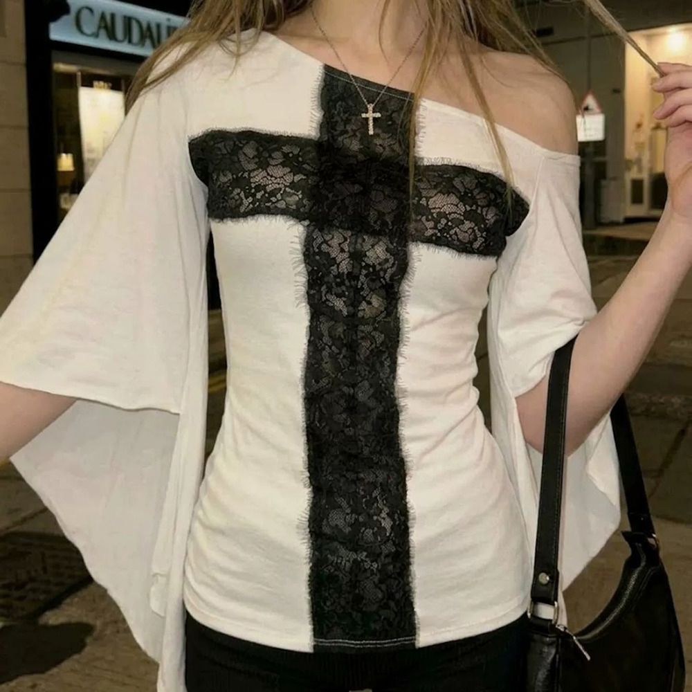 Zara Black Lace Trim Asymmetrical Off Shoulder Short Sleeve Tee